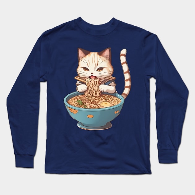 Cat eating Ramen Long Sleeve T-Shirt by DesignVerseAlchemy